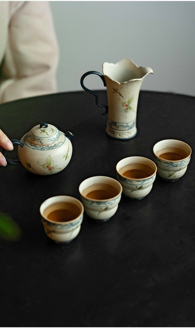 Blue and White Firestone Red Gold Inlaid Pure Hand-painted Butterfly Orchid Gaiwan Teacup Teapot Gongbei Liujunzi Full Series