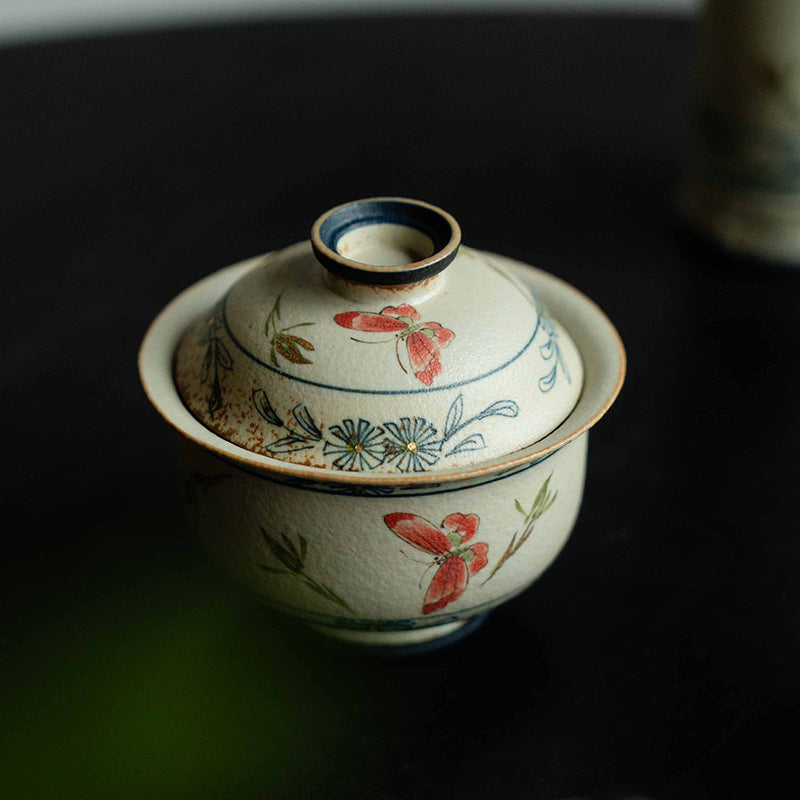 Blue and White Firestone Red Gold Inlaid Pure Hand-painted Butterfly Orchid Gaiwan Teacup Teapot Gongbei Liujunzi Full Series