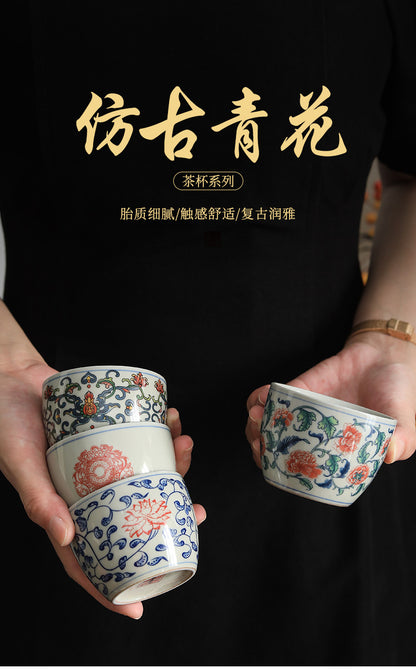 Vintage Blue and White Underglaze Red Tasting Cup Ceramic Tea Cup Magnolia Cup Tea Bowl Entwined Lotus Blue and White Master Cup Gift Box Set