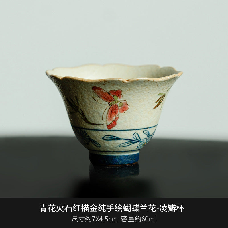 Blue and White Firestone Red Gold Inlaid Pure Hand-painted Butterfly Orchid Gaiwan Teacup Teapot Gongbei Liujunzi Full Series