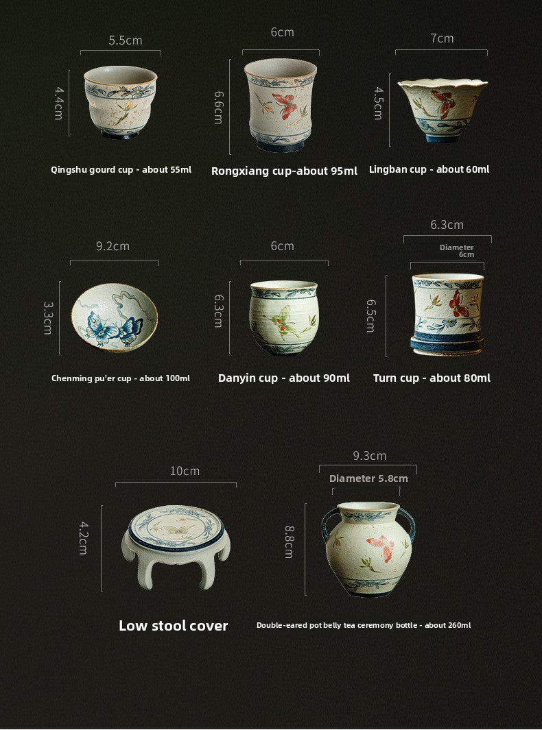 Blue and White Firestone Red Gold Inlaid Pure Hand-painted Butterfly Orchid Gaiwan Teacup Teapot Gongbei Liujunzi Full Series