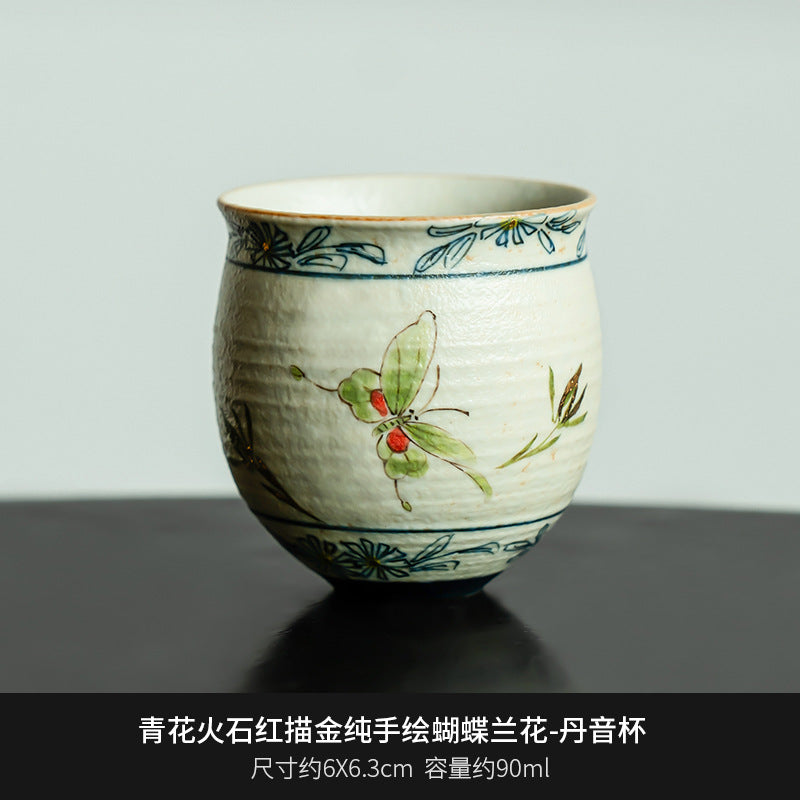 Blue and White Firestone Red Gold Inlaid Pure Hand-painted Butterfly Orchid Gaiwan Teacup Teapot Gongbei Liujunzi Full Series