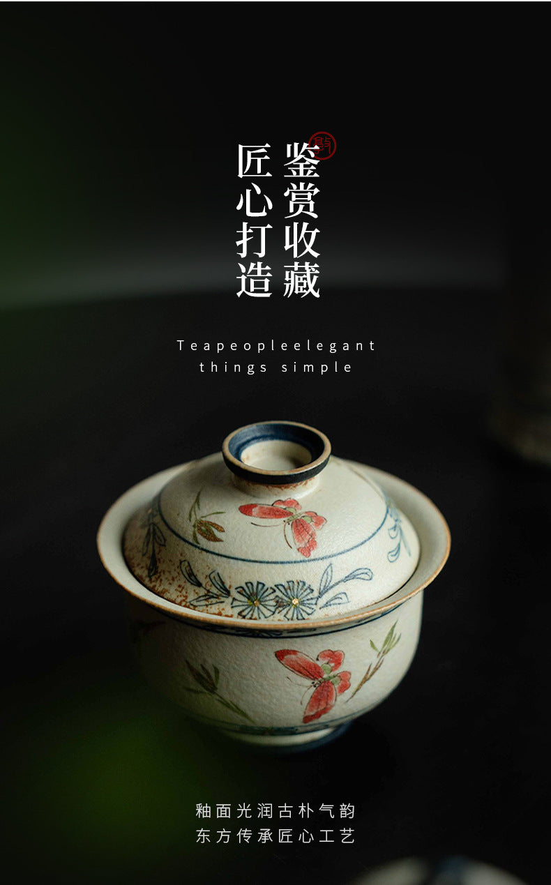 Blue and White Firestone Red Gold Inlaid Pure Hand-painted Butterfly Orchid Gaiwan Teacup Teapot Gongbei Liujunzi Full Series