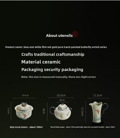 Blue and White Firestone Red Gold Inlaid Pure Hand-painted Butterfly Orchid Gaiwan Teacup Teapot Gongbei Liujunzi Full Series