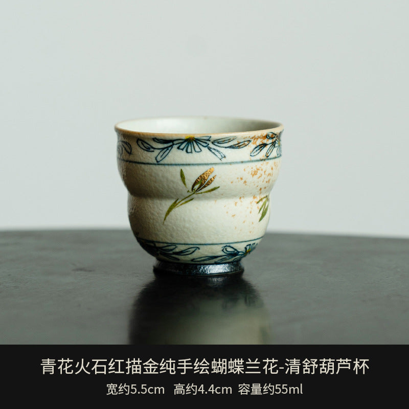 Blue and White Firestone Red Gold Inlaid Pure Hand-painted Butterfly Orchid Gaiwan Teacup Teapot Gongbei Liujunzi Full Series