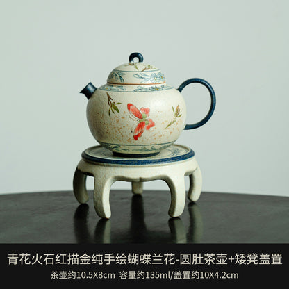 Blue and White Firestone Red Gold Inlaid Pure Hand-painted Butterfly Orchid Gaiwan Teacup Teapot Gongbei Liujunzi Full Series