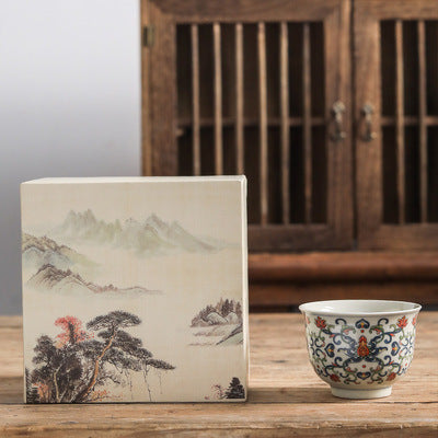 Vintage Blue and White Underglaze Red Tasting Cup Ceramic Tea Cup Magnolia Cup Tea Bowl Entwined Lotus Blue and White Master Cup Gift Box Set