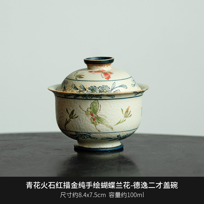 Blue and White Firestone Red Gold Inlaid Pure Hand-painted Butterfly Orchid Gaiwan Teacup Teapot Gongbei Liujunzi Full Series