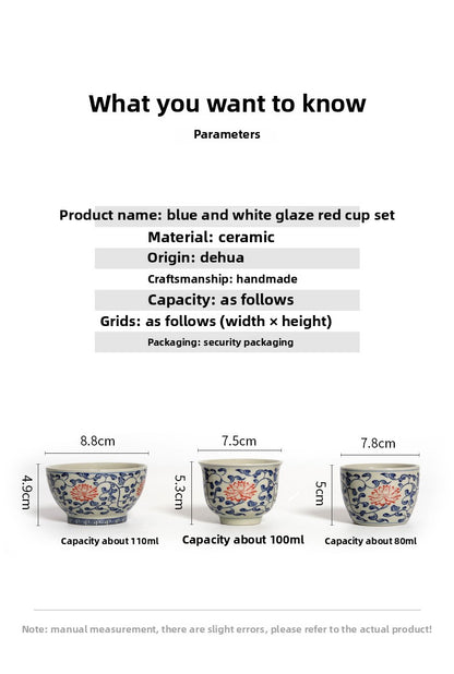 Vintage Blue and White Underglaze Red Tasting Cup Ceramic Tea Cup Magnolia Cup Tea Bowl Entwined Lotus Blue and White Master Cup Gift Box Set