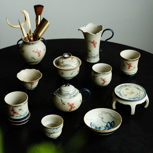 Blue and White Firestone Red Gold Inlaid Pure Hand-painted Butterfly Orchid Gaiwan Teacup Teapot Gongbei Liujunzi Full Series