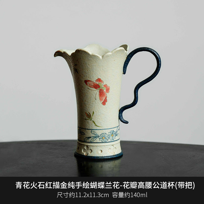 Blue and White Firestone Red Gold Inlaid Pure Hand-painted Butterfly Orchid Gaiwan Teacup Teapot Gongbei Liujunzi Full Series
