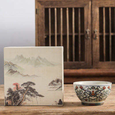 Vintage Blue and White Underglaze Red Tasting Cup Ceramic Tea Cup Magnolia Cup Tea Bowl Entwined Lotus Blue and White Master Cup Gift Box Set