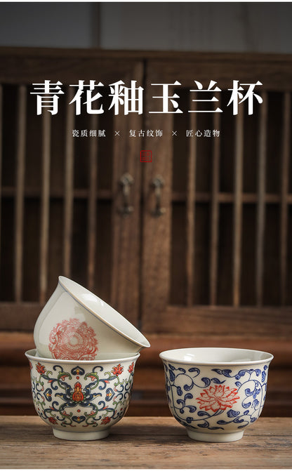 Vintage Blue and White Underglaze Red Tasting Cup Ceramic Tea Cup Magnolia Cup Tea Bowl Entwined Lotus Blue and White Master Cup Gift Box Set