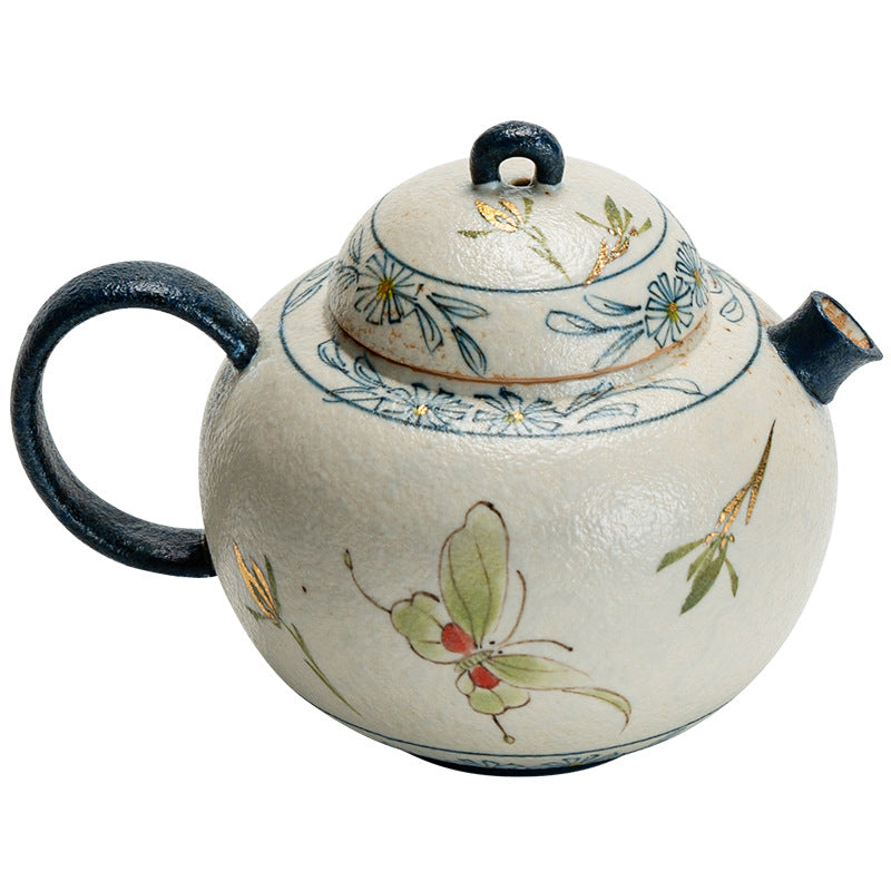 Blue and White Firestone Red Gold Inlaid Pure Hand-painted Butterfly Orchid Gaiwan Teacup Teapot Gongbei Liujunzi Full Series