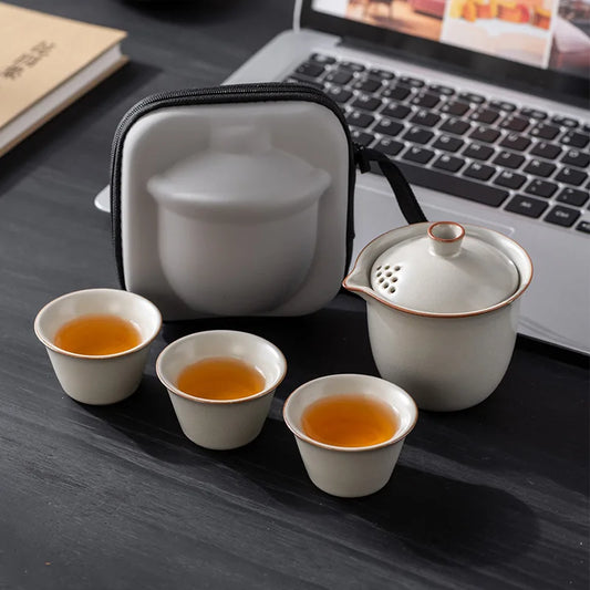 Light Luxury Ruyao Open Piece Travel Tea Set Outdoor Portable A Pot of Three Cups of High-end Business Gifts