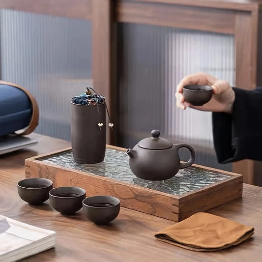 1set - Tea Set-Portable tea set with travel case, including teapot, teacup, tea can, tea cloth - Suitable for family use