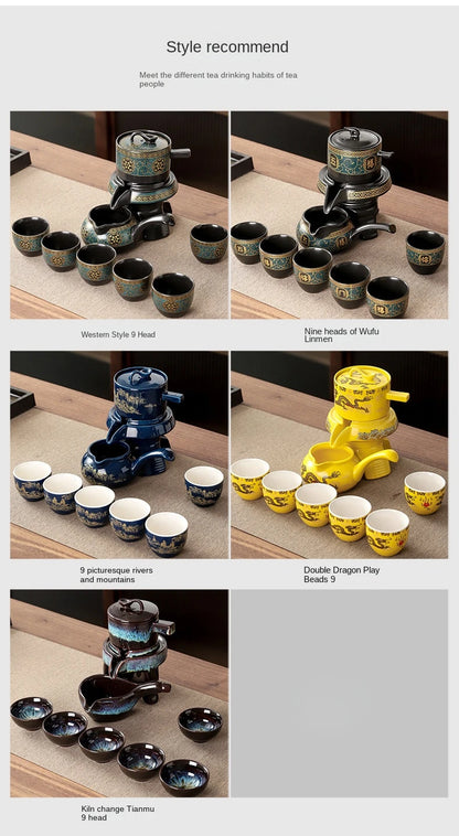 Household Tea Set Creative Living Room Semi-automatic Rotating Kungfu Tea Set Water for Tea Making Ceramic Teacup Business Gifts