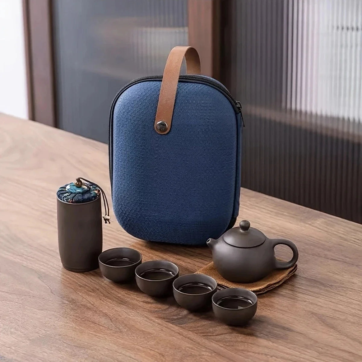 1set - Tea Set-Portable tea set with travel case, including teapot, teacup, tea can, tea cloth - Suitable for family use