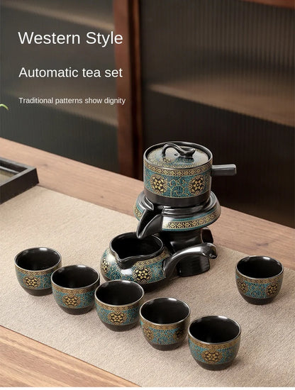 Household Tea Set Creative Living Room Semi-automatic Rotating Kungfu Tea Set Water for Tea Making Ceramic Teacup Business Gifts