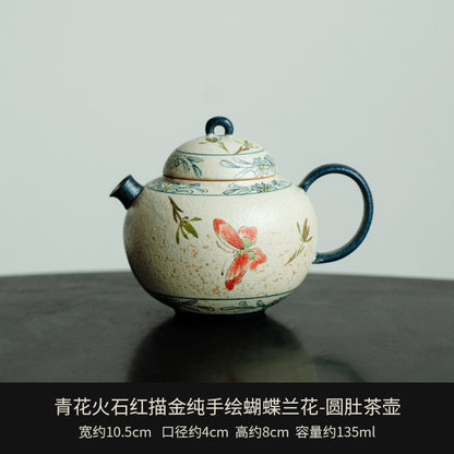 Blue and White Firestone Red Gold Inlaid Pure Hand-painted Butterfly Orchid Gaiwan Teacup Teapot Gongbei Liujunzi Full Series