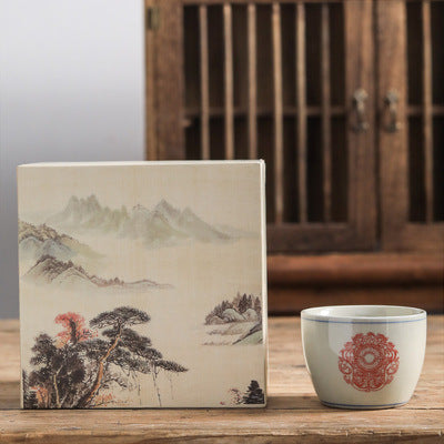 Vintage Blue and White Underglaze Red Tasting Cup Ceramic Tea Cup Magnolia Cup Tea Bowl Entwined Lotus Blue and White Master Cup Gift Box Set
