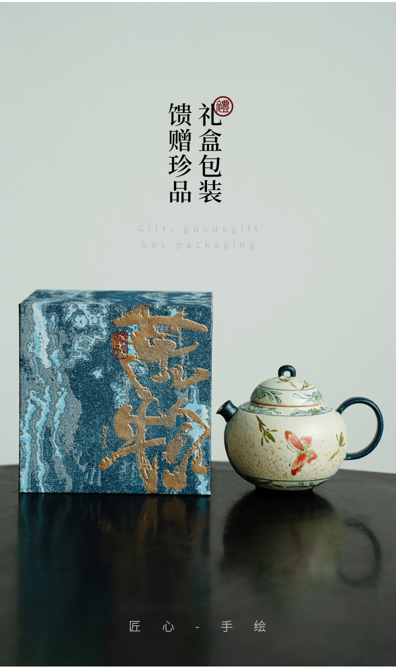 Blue and White Firestone Red Gold Inlaid Pure Hand-painted Butterfly Orchid Gaiwan Teacup Teapot Gongbei Liujunzi Full Series