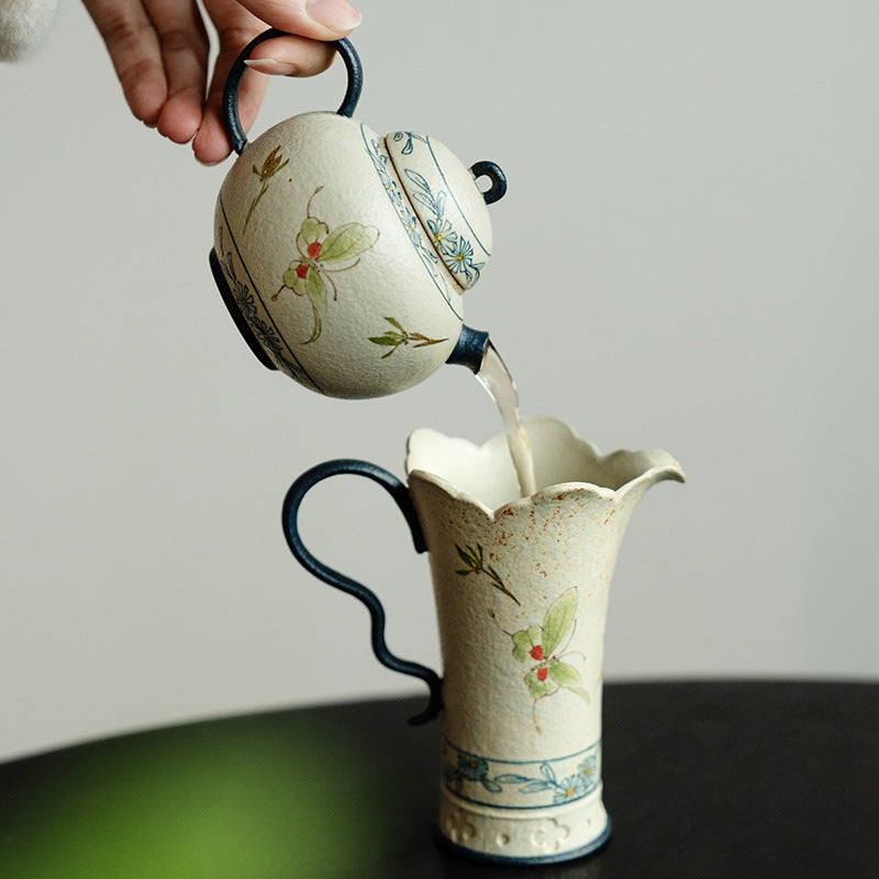 Blue and White Firestone Red Gold Inlaid Pure Hand-painted Butterfly Orchid Gaiwan Teacup Teapot Gongbei Liujunzi Full Series