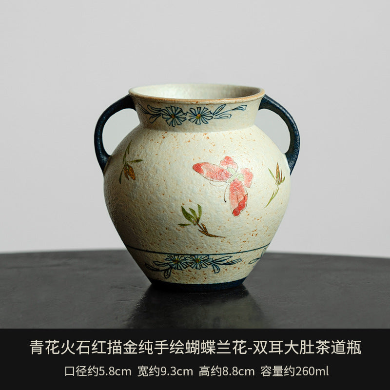 Blue and White Firestone Red Gold Inlaid Pure Hand-painted Butterfly Orchid Gaiwan Teacup Teapot Gongbei Liujunzi Full Series