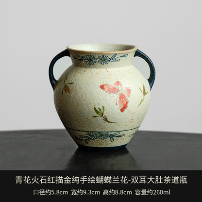 Blue and White Firestone Red Gold Inlaid Pure Hand-painted Butterfly Orchid Gaiwan Teacup Teapot Gongbei Liujunzi Full Series