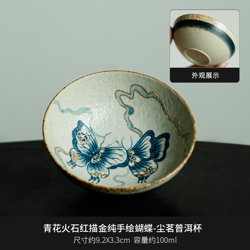 Blue and White Firestone Red Gold Inlaid Pure Hand-painted Butterfly Orchid Gaiwan Teacup Teapot Gongbei Liujunzi Full Series